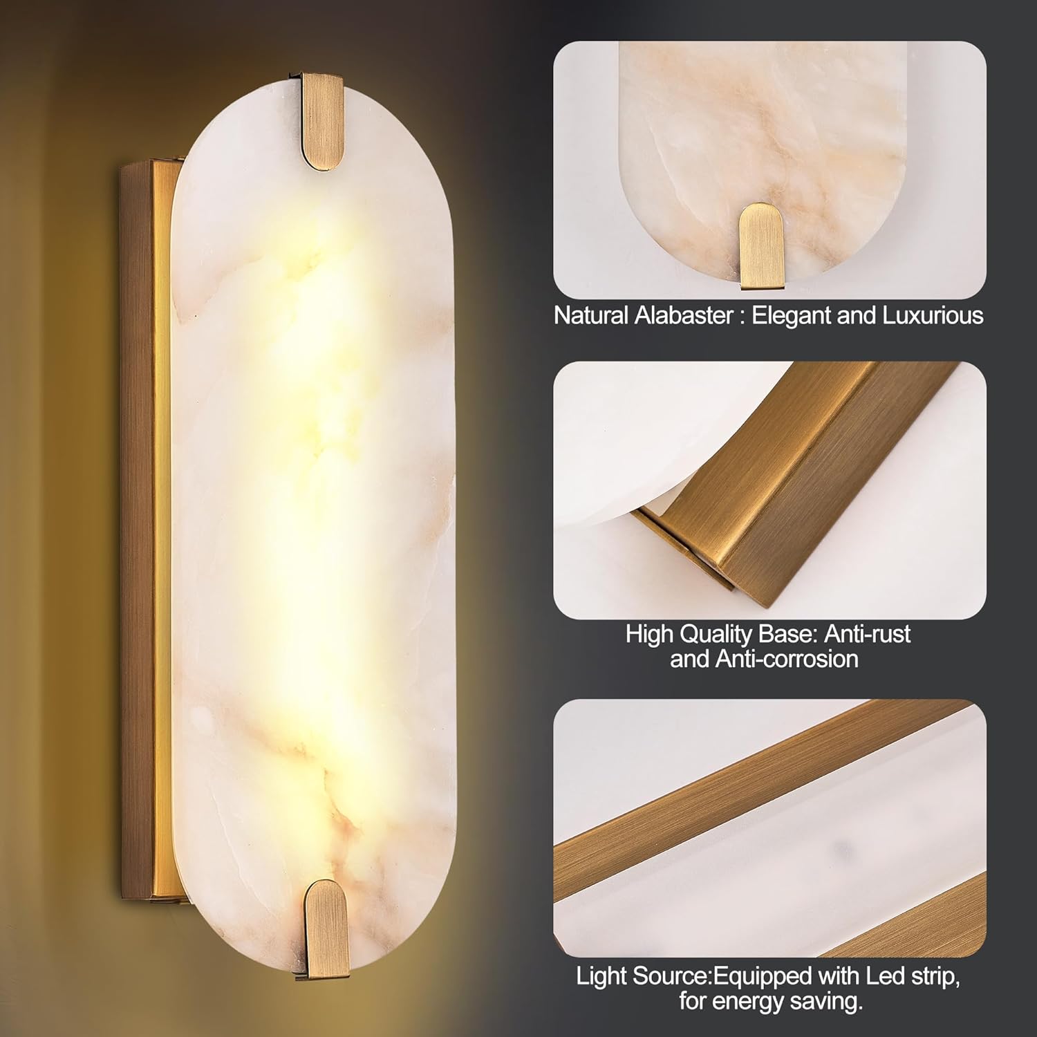 14.17in Alabaster Wall Sconces, Natural Marble Wall Light Set of Two, Modern LED Alabaster Sconces for Living Room Indoor Wall Lamps for Dining Room Stairs Bedroom,Brushed Gold